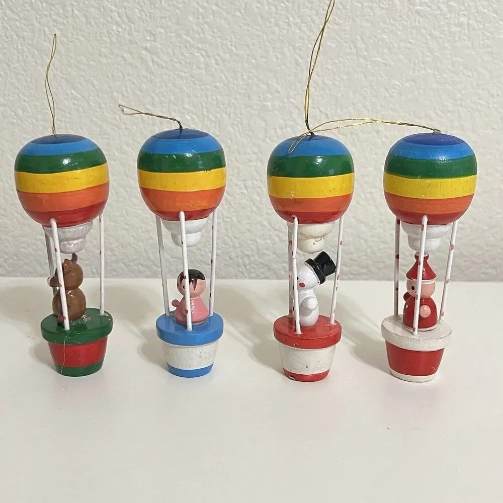 Vintage Wooden Rainbow Hot Air Balloon Ornaments Santa Snowman Bear Set of 4